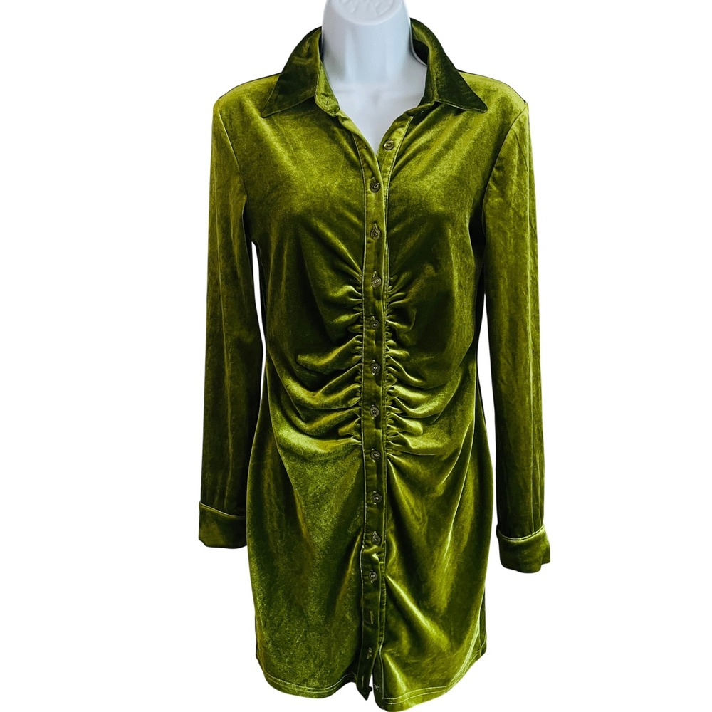 Womens Y2K Fairy Ruched Velvet Mini Dress S Olive Green Grinch Bodycon Earthy